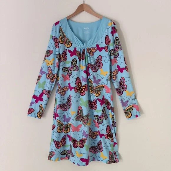 Nick & Nora Sleepshirt Nightgown Butterflies Blue Long Sleeve Pockets Size Large - Picture 1 of 10